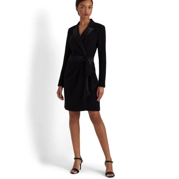Ralph Lauren Crepe Tuxedo Surplice Cocktail Dress size 16, Black | NEW $245 - Picture 1 of 5